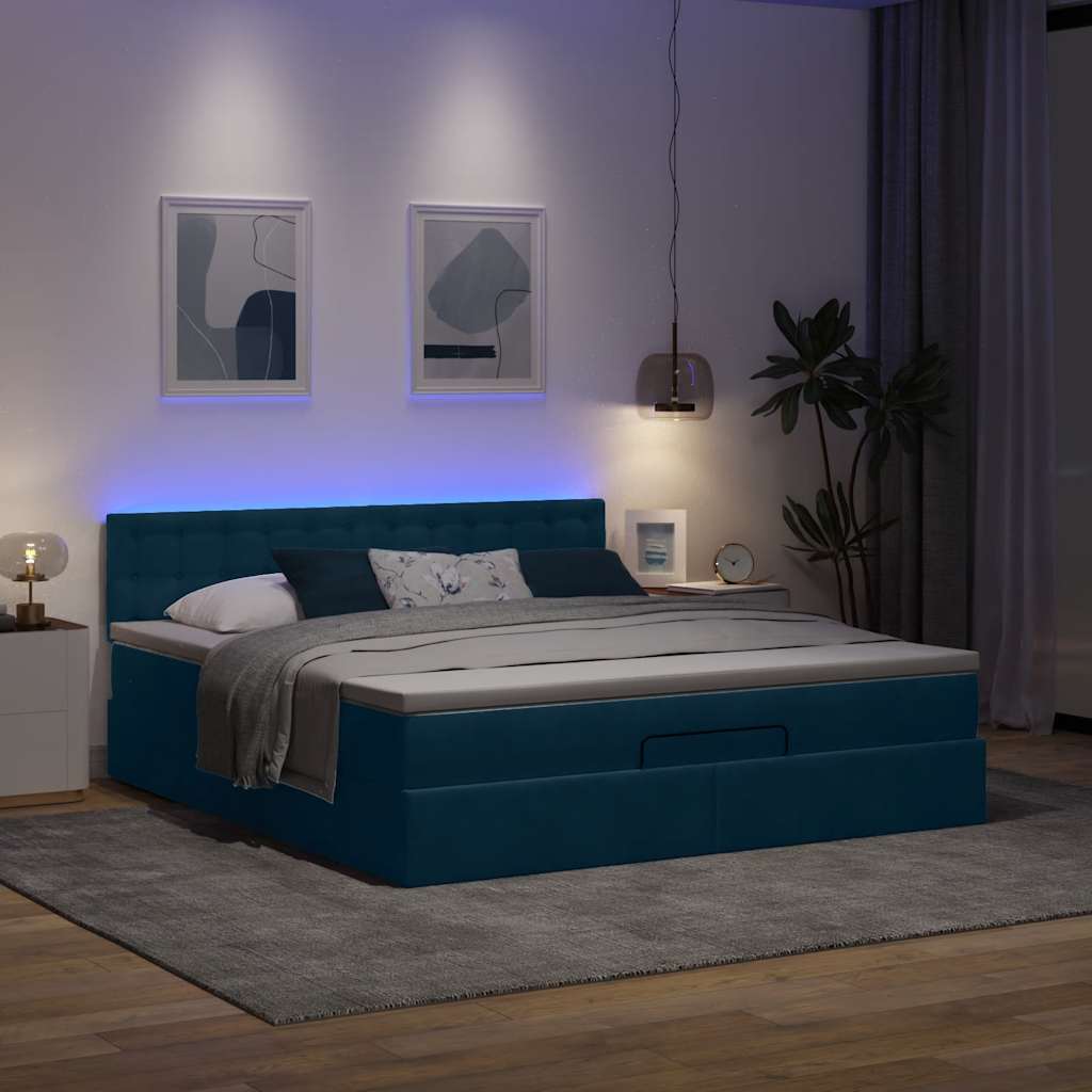 Ottomán ágykeret matraccal sötétkék 180x200cm bársony