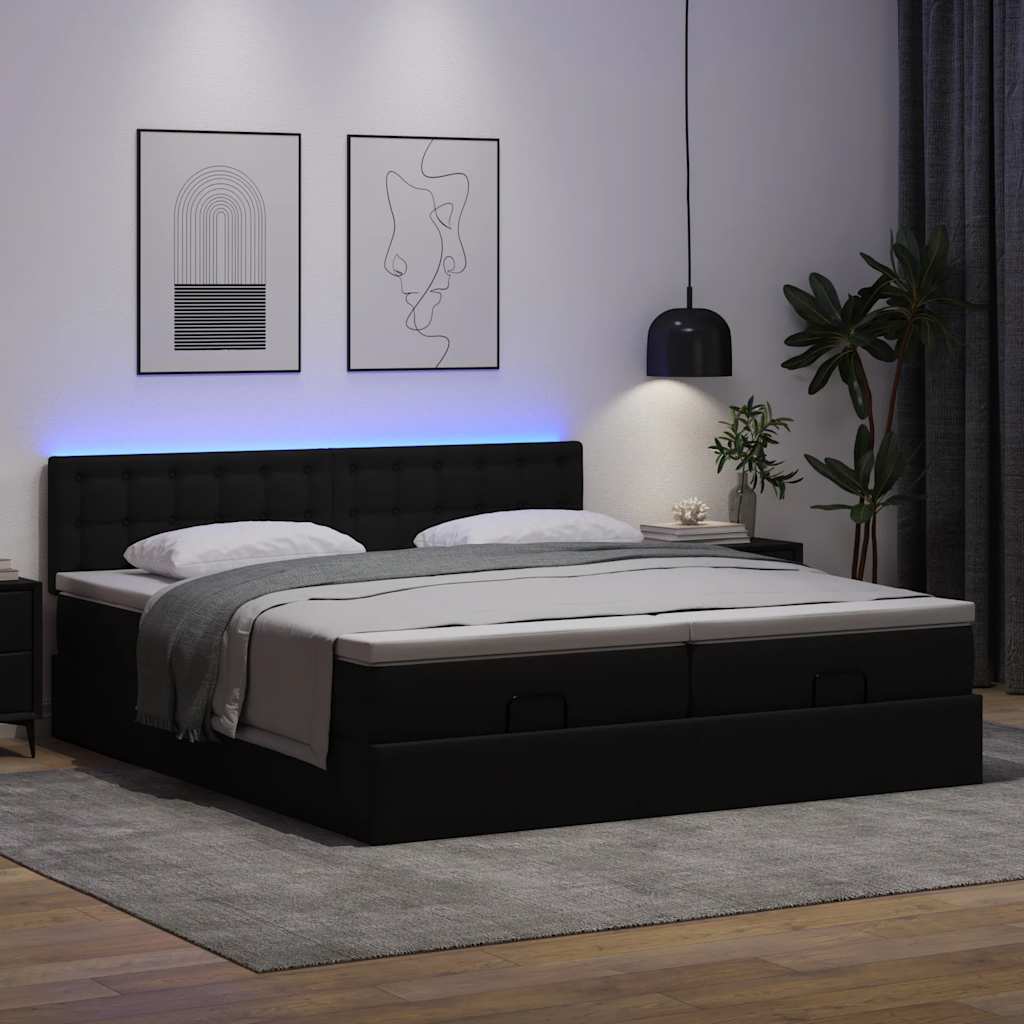 fekete műbőr ottomán ágy matracokkal & LED-ek 180x200cm