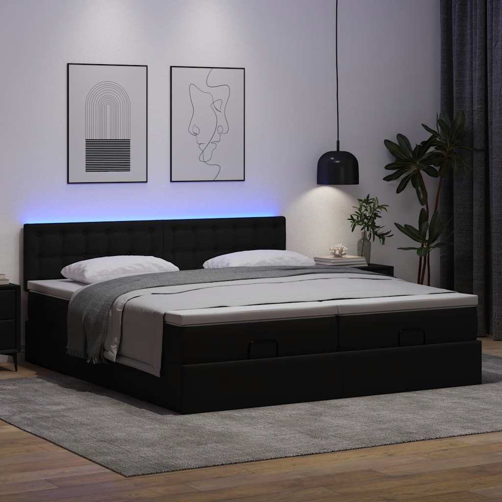 Ottomán ágykeret matracokkal Fekete 200x200cm műbőr