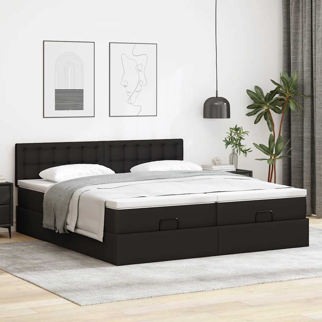 Ottomán ágykeret matracokkal Fekete 200x200cm műbőr