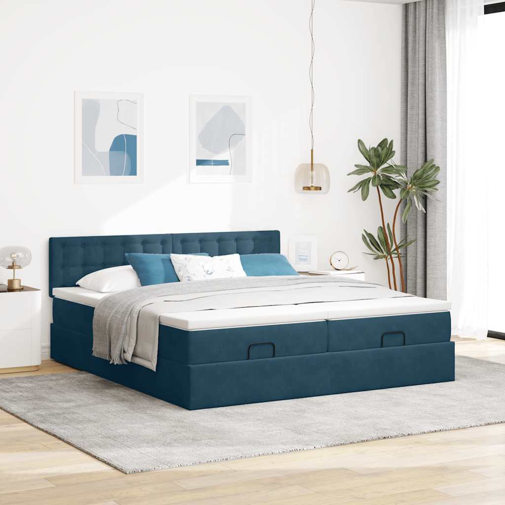 Ottomán ágy matracokkal & LED-ek Sötétkék 200x200cm bársony