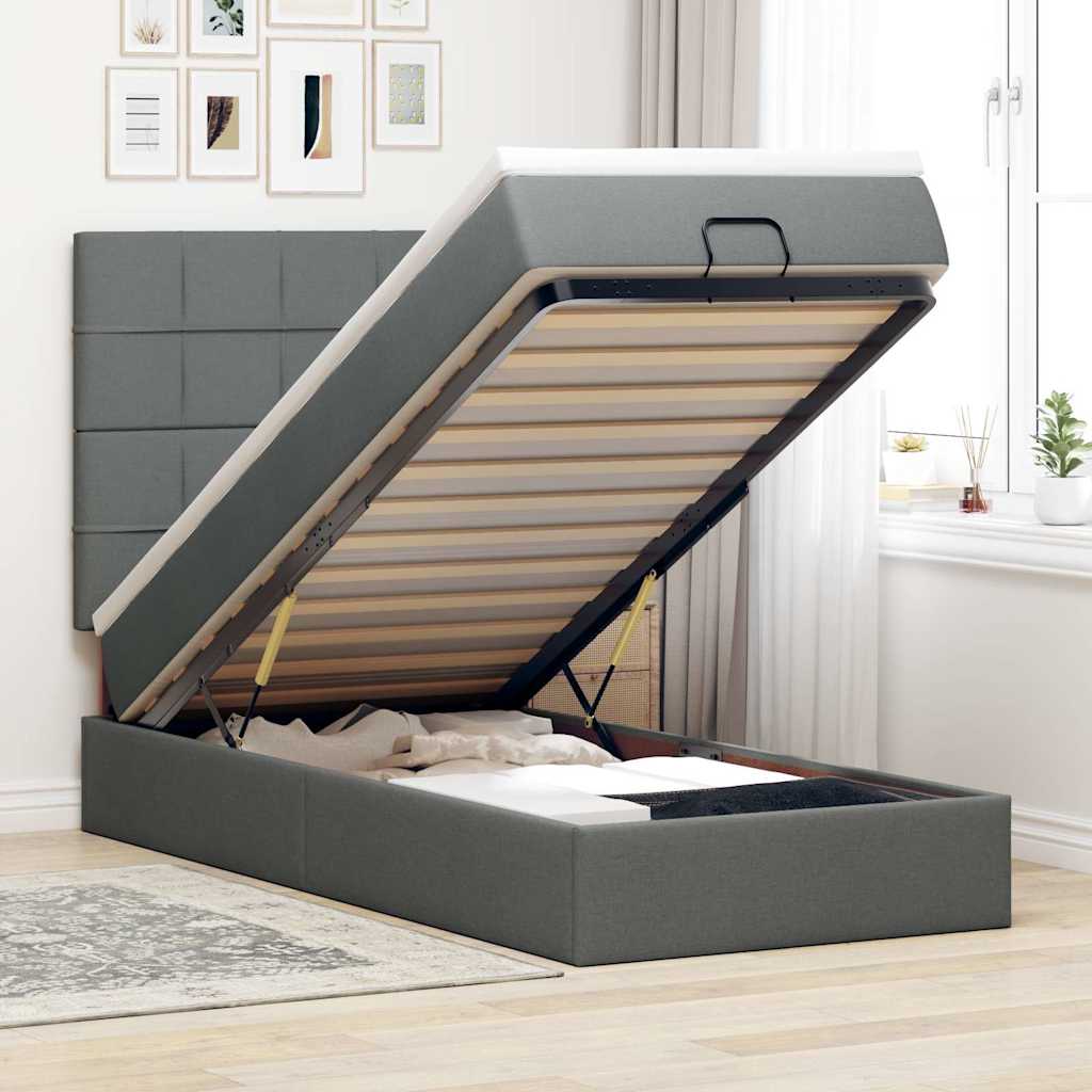 Ottomán ágykeret matraccal sötétszürke 100x200cm szövet