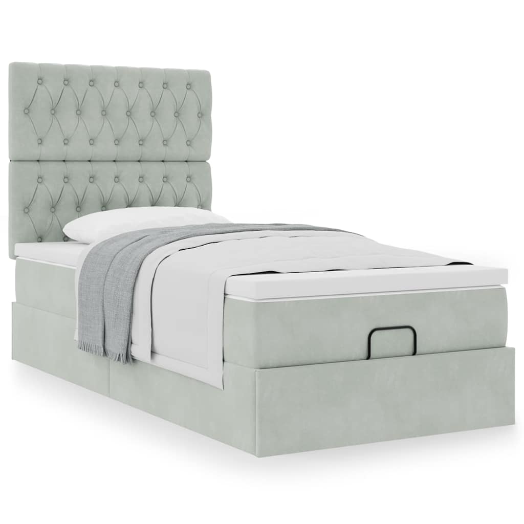 Ottomán ágykeret matracokkal világosszürke 100x200cm bársony