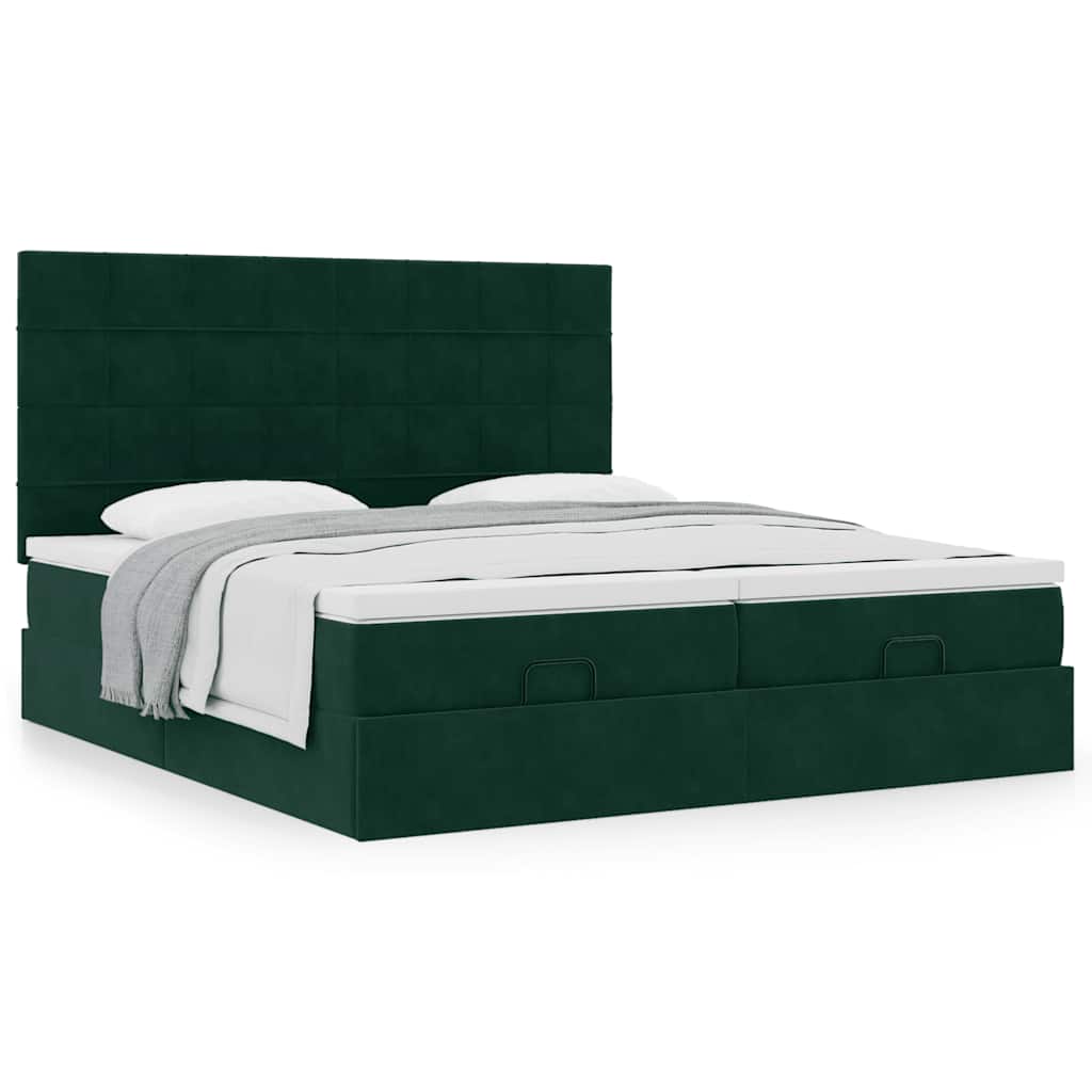 Ottomán ágykeret matracokkal sötétzöld 160x200cm bársony