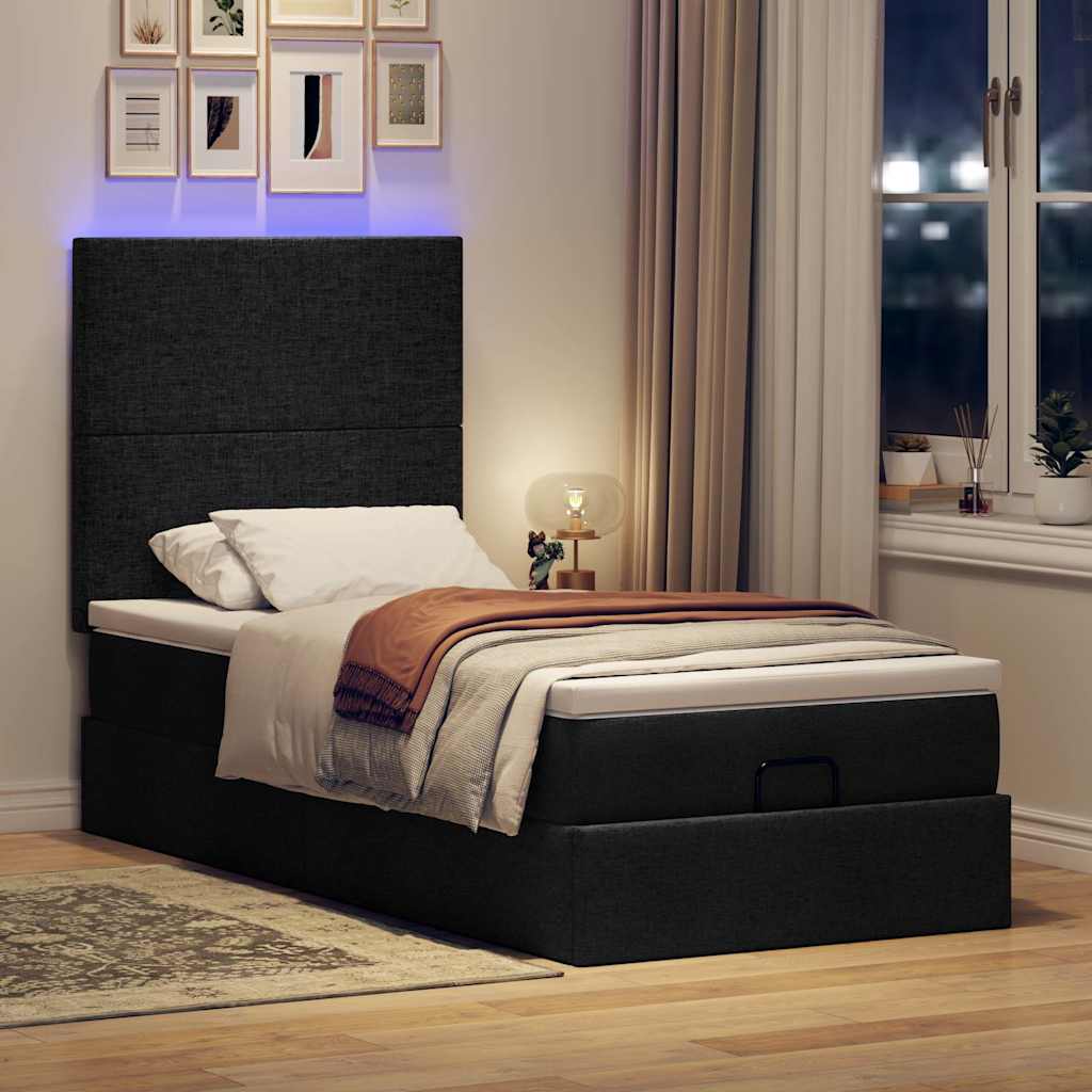 fekete szövet ottomán ágy matraccal & LED-ek 80x200cm