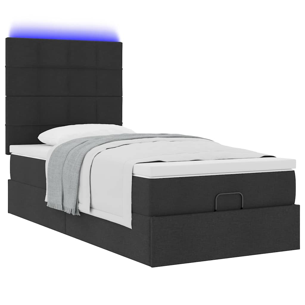 fekete szövet ottomán ágy matraccal & LED-ek 80x200cm