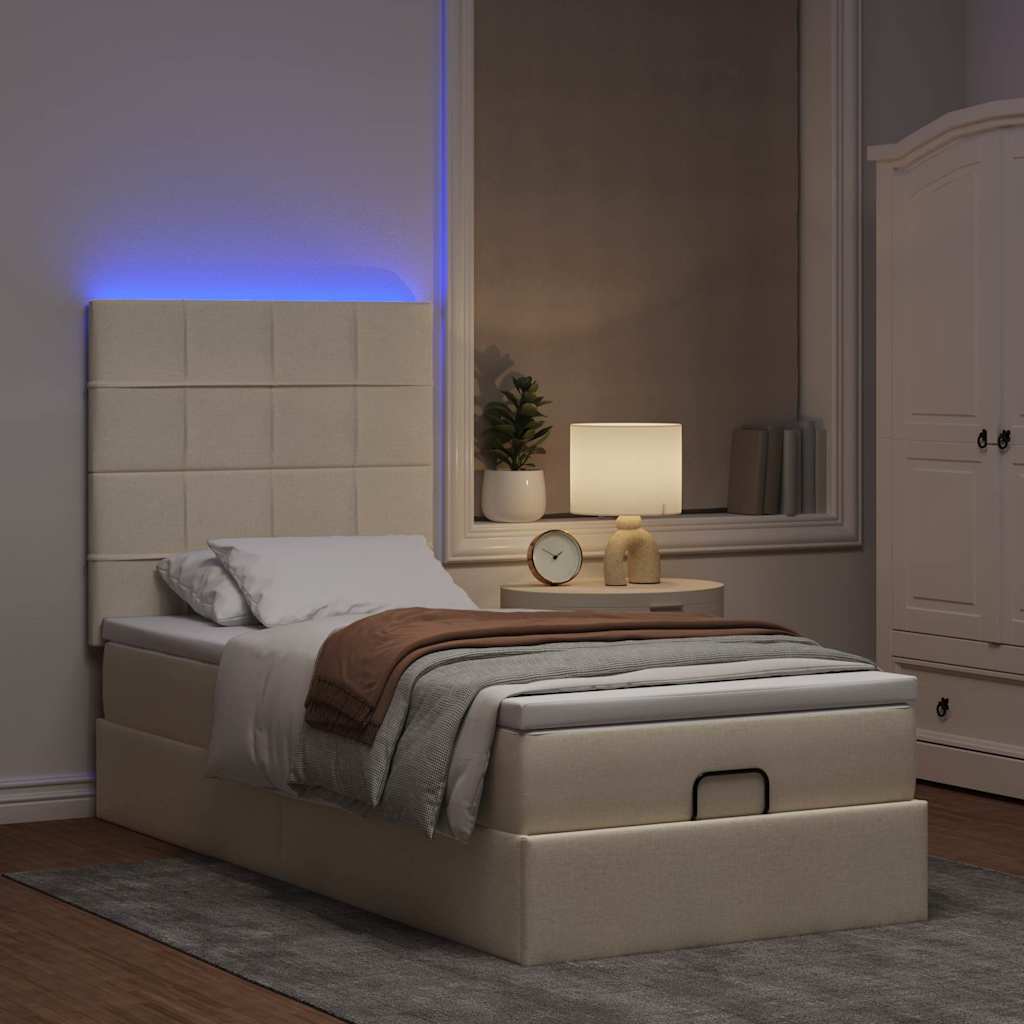 krémszínű szövet ottomán ágy matraccal & LED-ek 90x200 cm