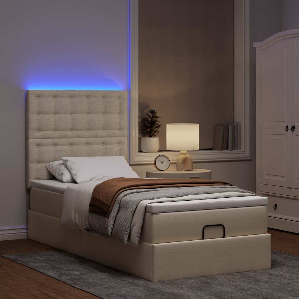 krémszínű szövet ottomán ágy matraccal & LED-ek 90x200 cm