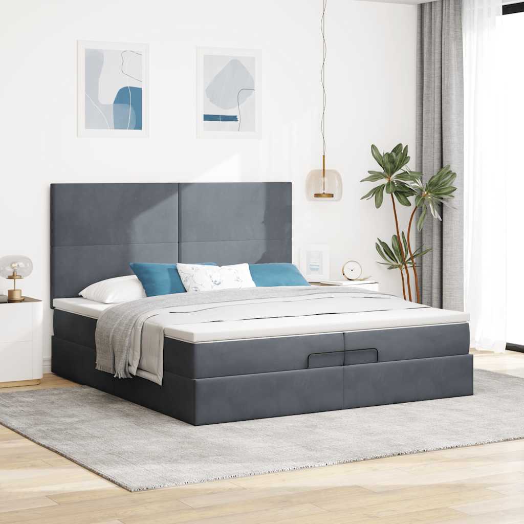 Ottomán ágykeret matraccal Sötét szürke 200x200cm bársony