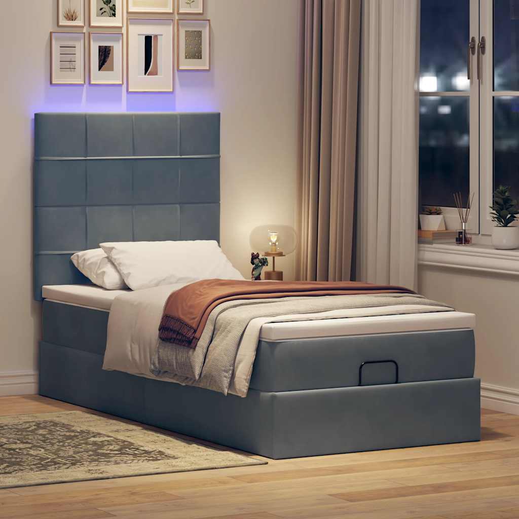 Ottomán ágykeret matracokkal sötét szürke 100x200cm bársony