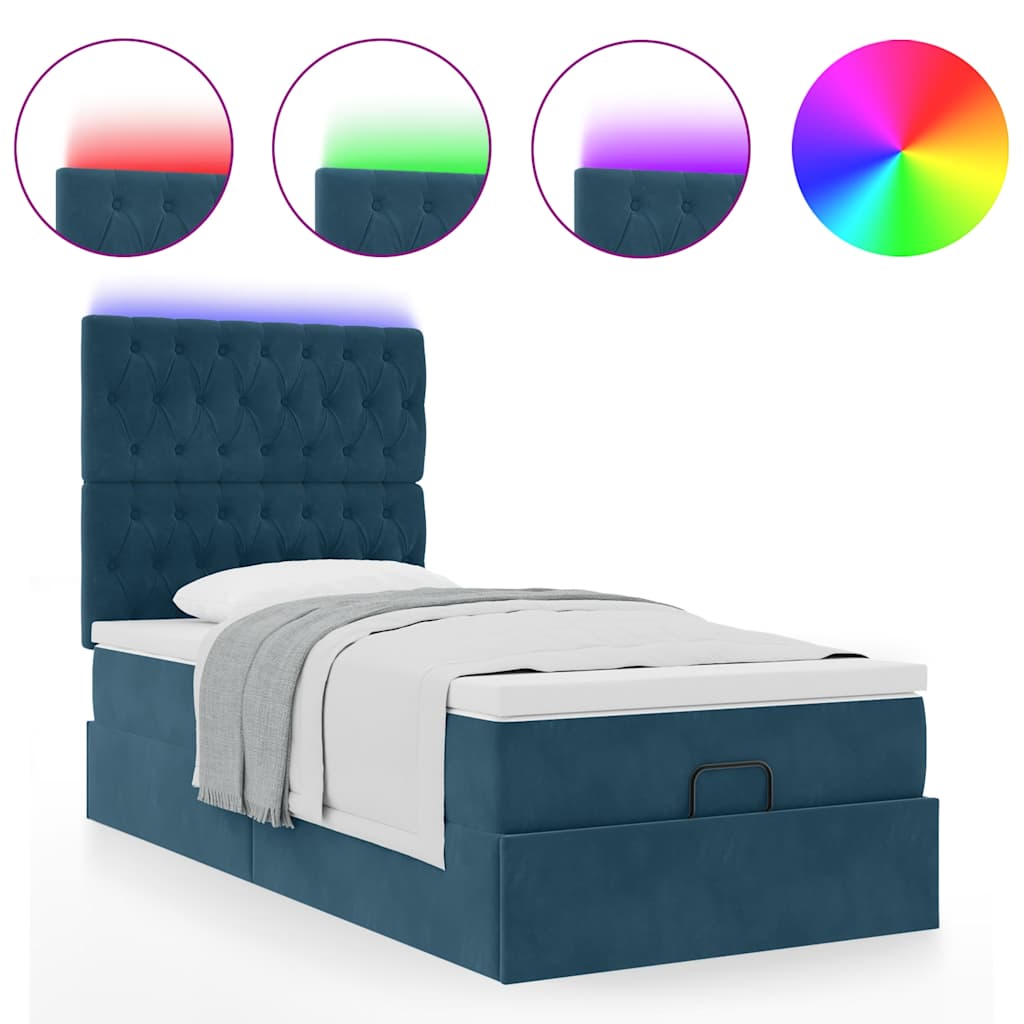 Ottomán ágykeret matracokkal sötétkék 80x200cm bársony