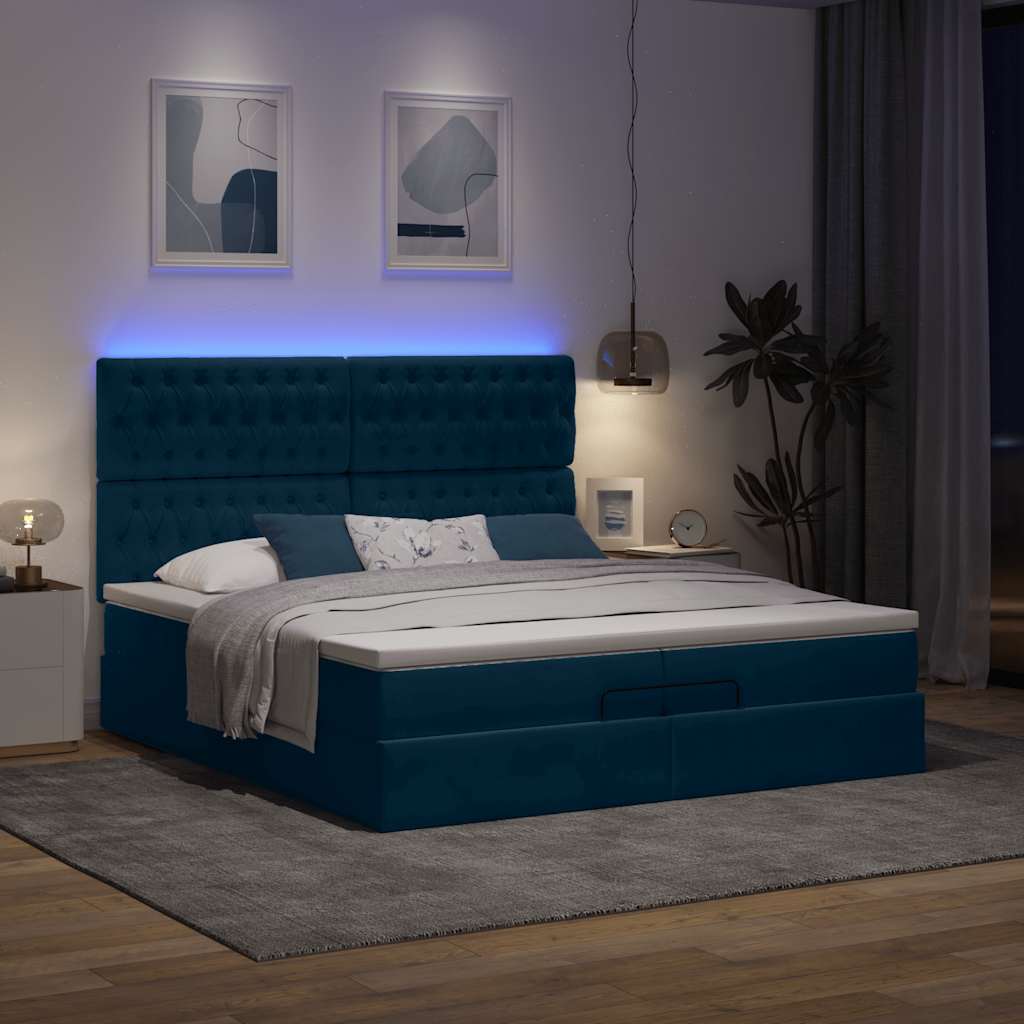 Ottomán ágy matracokkal & LED-ek Sötétkék 200x200cm bársony