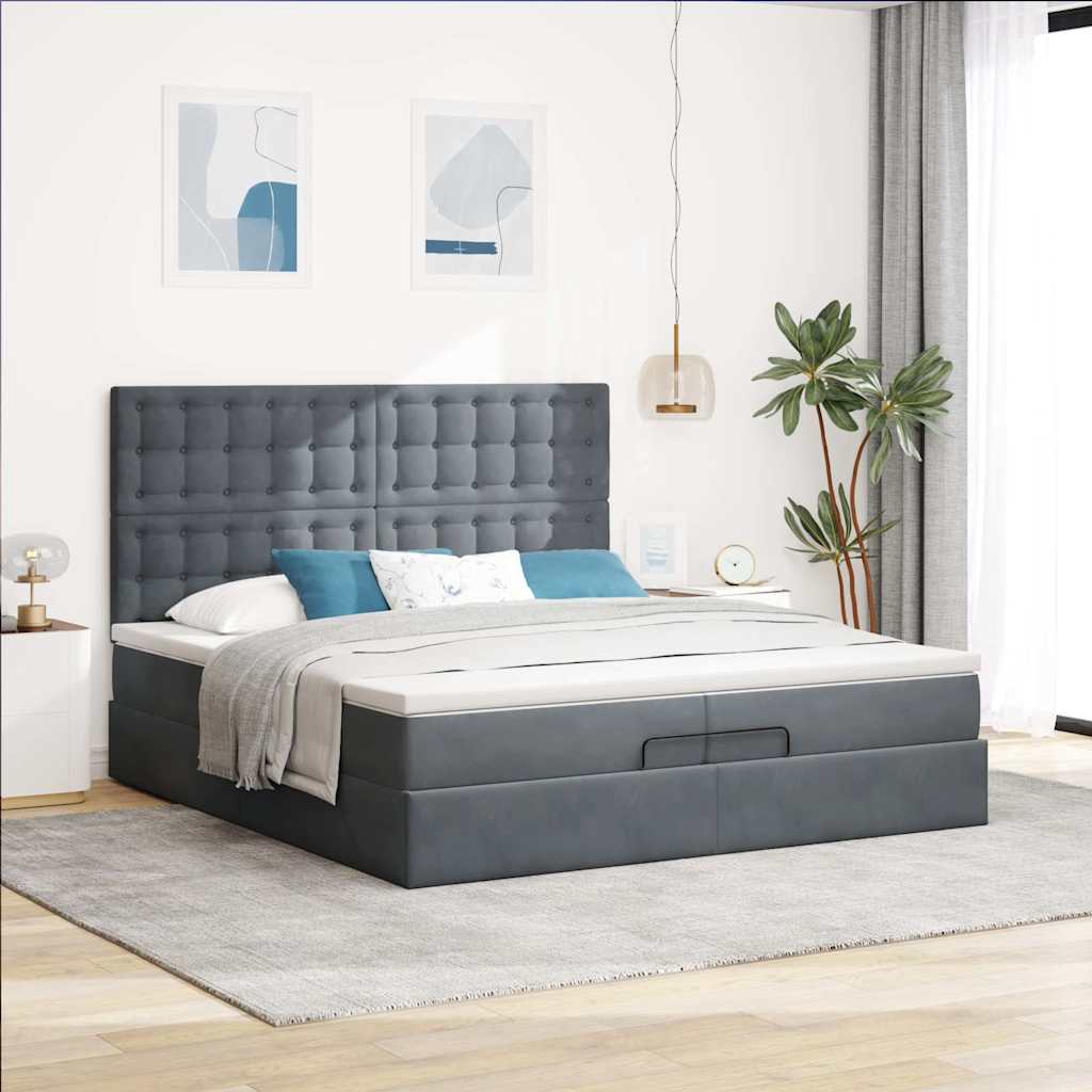 Ottomán ágykeret matraccal Sötét szürke 200x200cm bársony