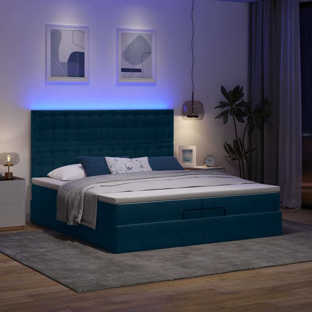 Ottomán ágy matracokkal & LED-ek Sötétkék 200x200cm bársony