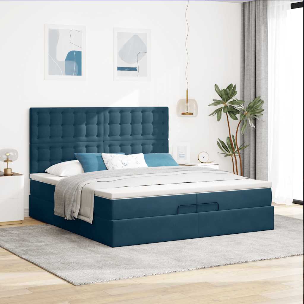 Ottomán ágy matracokkal & LED-ek Sötétkék 200x200cm bársony