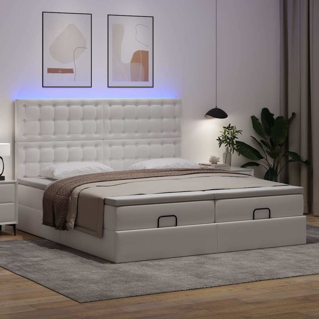tiszta fehér műbőr ottomán ágy matracokkal & LED-ek 160x200cm