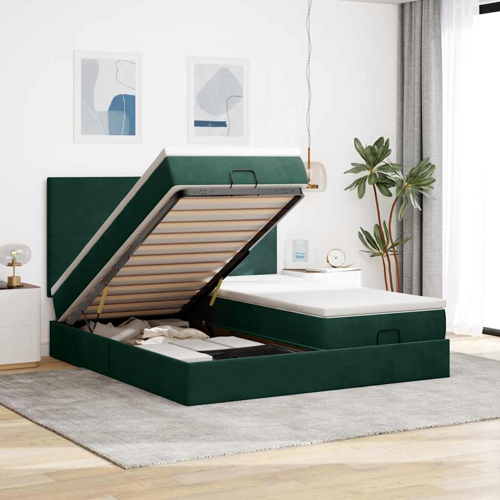 Ottomán ágykeret matracokkal sötétzöld 180x200cm bársony