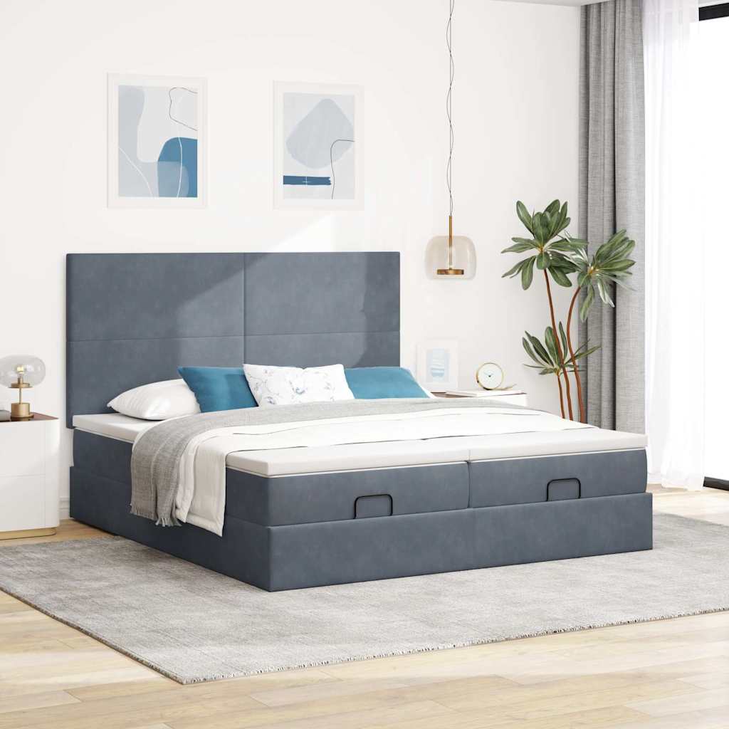 Ottomán ágykeret matraccal Sötét szürke 200x200cm bársony
