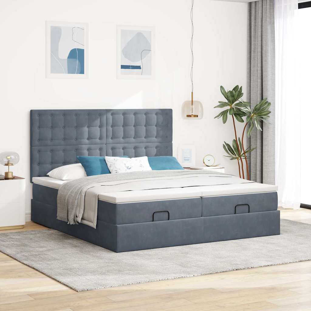 Ottomán ágykeret matraccal Sötét szürke 200x200cm bársony