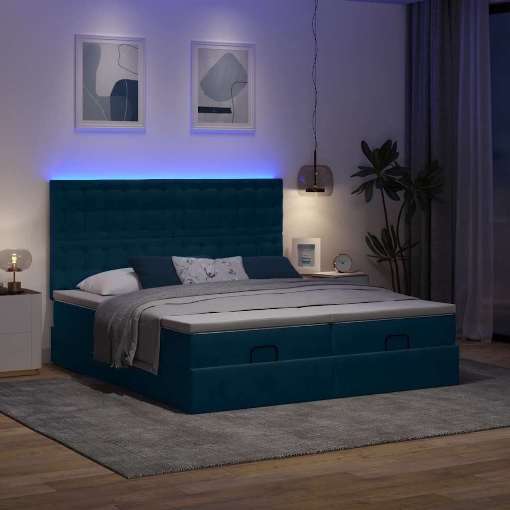 Ottomán ágy matracokkal & LED-ek Sötétkék 200x200cm bársony