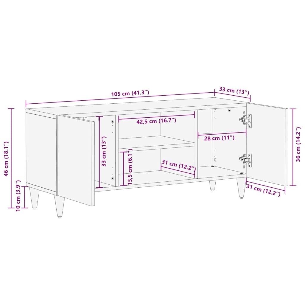 TV szekrény polcokkal Fekete 105 x 33 x 46 cm Tömör Mangófát