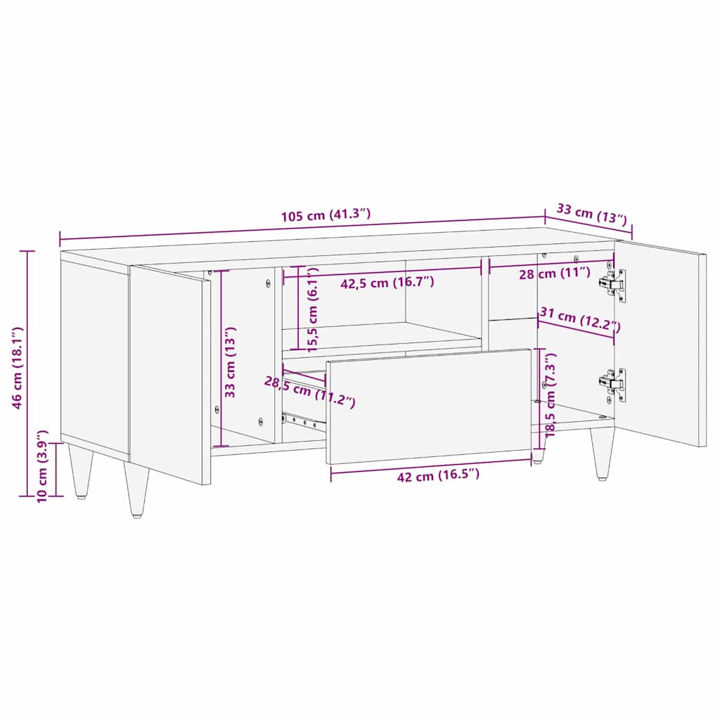 TV szekrény fiókkal Fekete 105 x 33 x 46 cm Tömör Mangófát