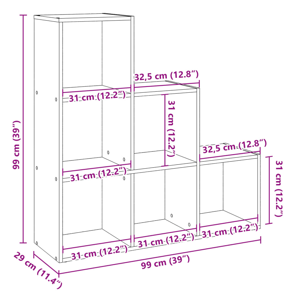 3 szintes antik fa színű fa elválasztó könyvespolc 99x29x99 cm