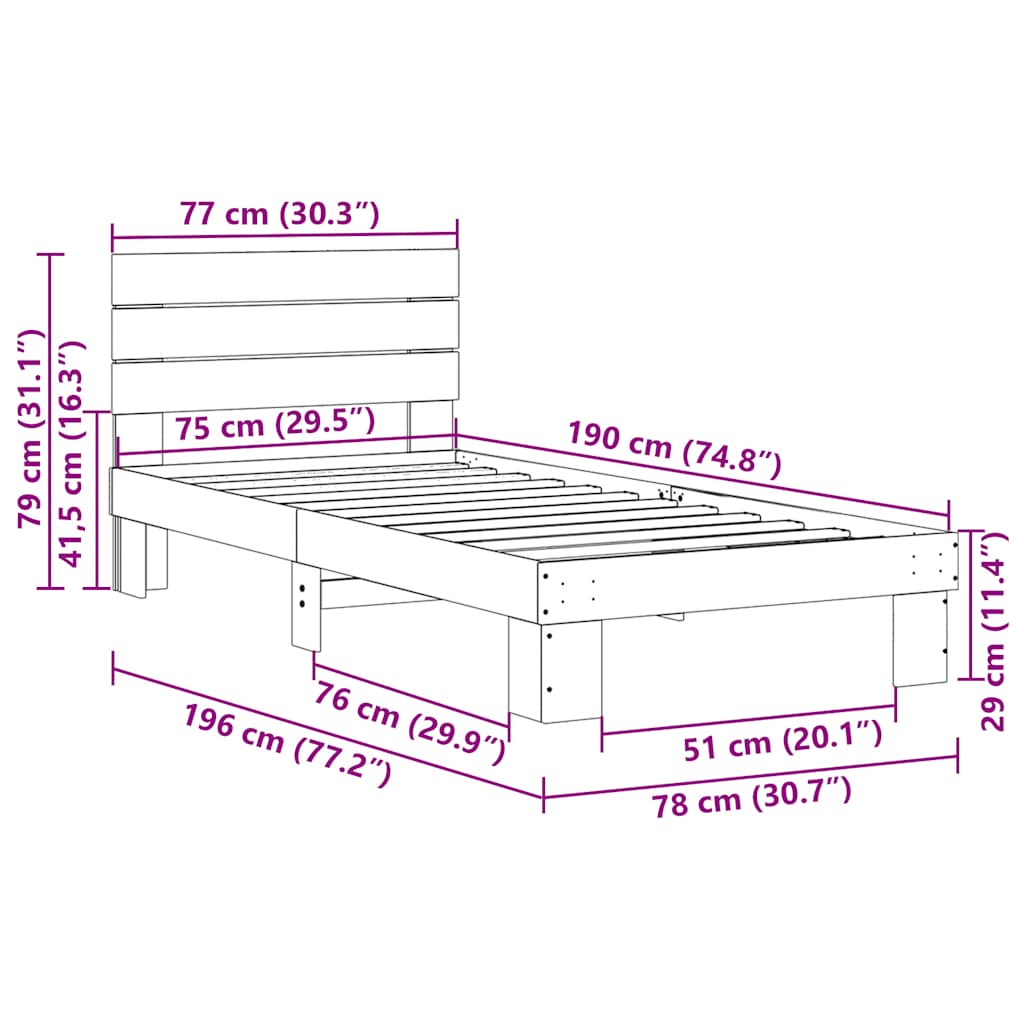 ágykeret fejtámlával matrac nélkül 75x190 cm tömör fa tölgyfa