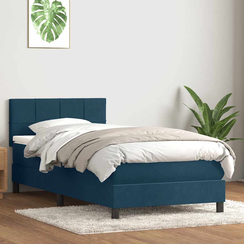 sötétkék bársony rugós ágy matraccal 80x210 cm
