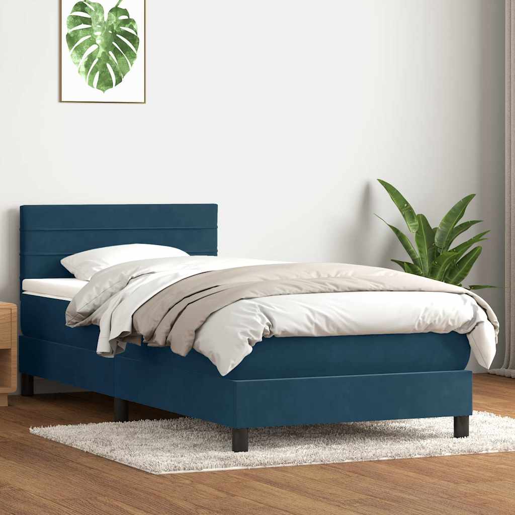 sötétkék bársony rugós ágy matraccal 80x220 cm
