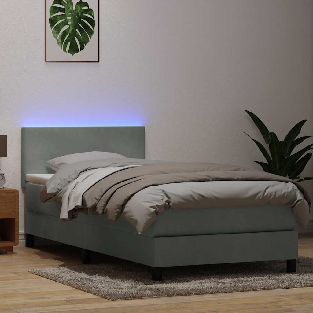világosszürke bársony rugós és LED-es ágy matraccal 80x210 cm