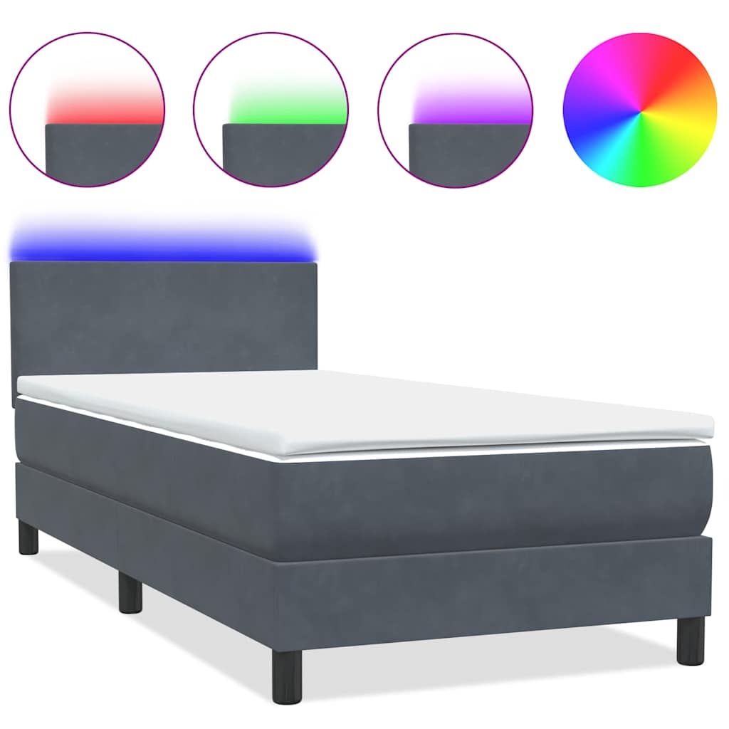 sötétszürke bársony rugós és LED-es ágy matraccal 80x210 cm