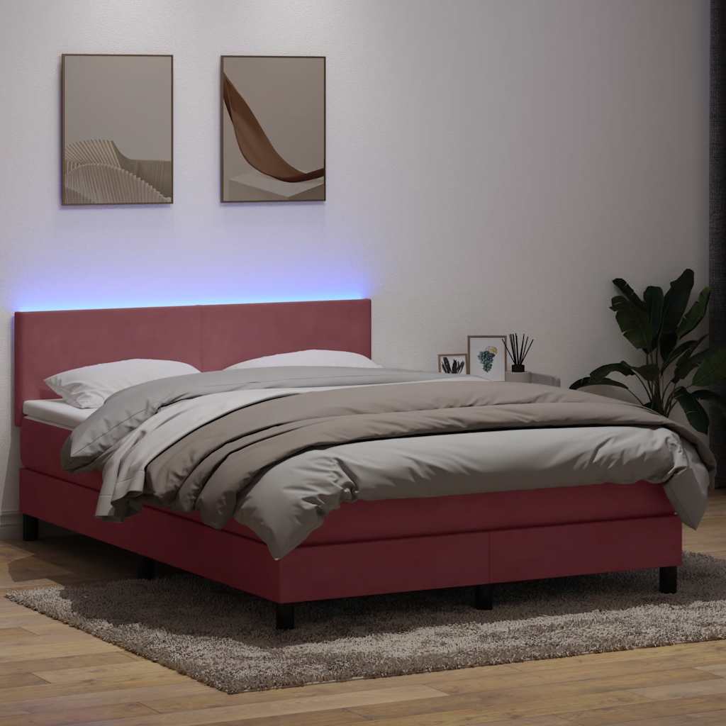 rózsaszín bársony rugós és LED-es ágy matraccal 140x210 cm