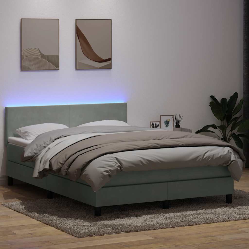 világosszürke bársony rugós és LED-es ágy matraccal 160x210 cm