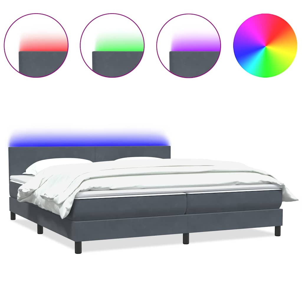 sötétszürke bársony rugós és LED-es ágy matraccal 180x210 cm