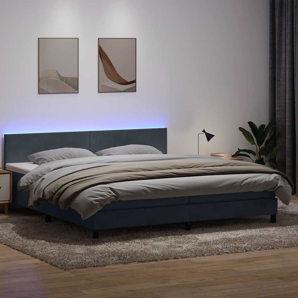 sötétszürke bársony rugós és LED-es ágy matraccal 180x210 cm