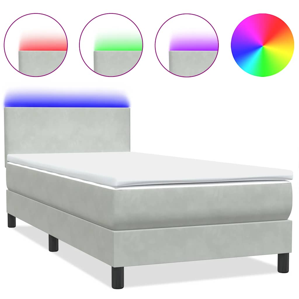 világosszürke bársony rugós és LED-es ágy matraccal 80x220 cm