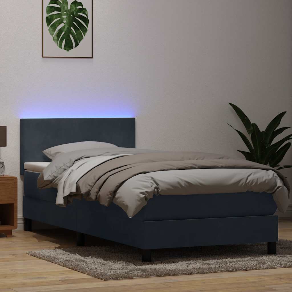 sötétszürke bársony rugós és LED-es ágy matraccal 80x220 cm