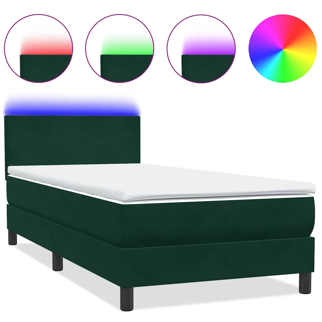 sötétzöld bársony rugós és LED-es ágy matraccal 80x220 cm