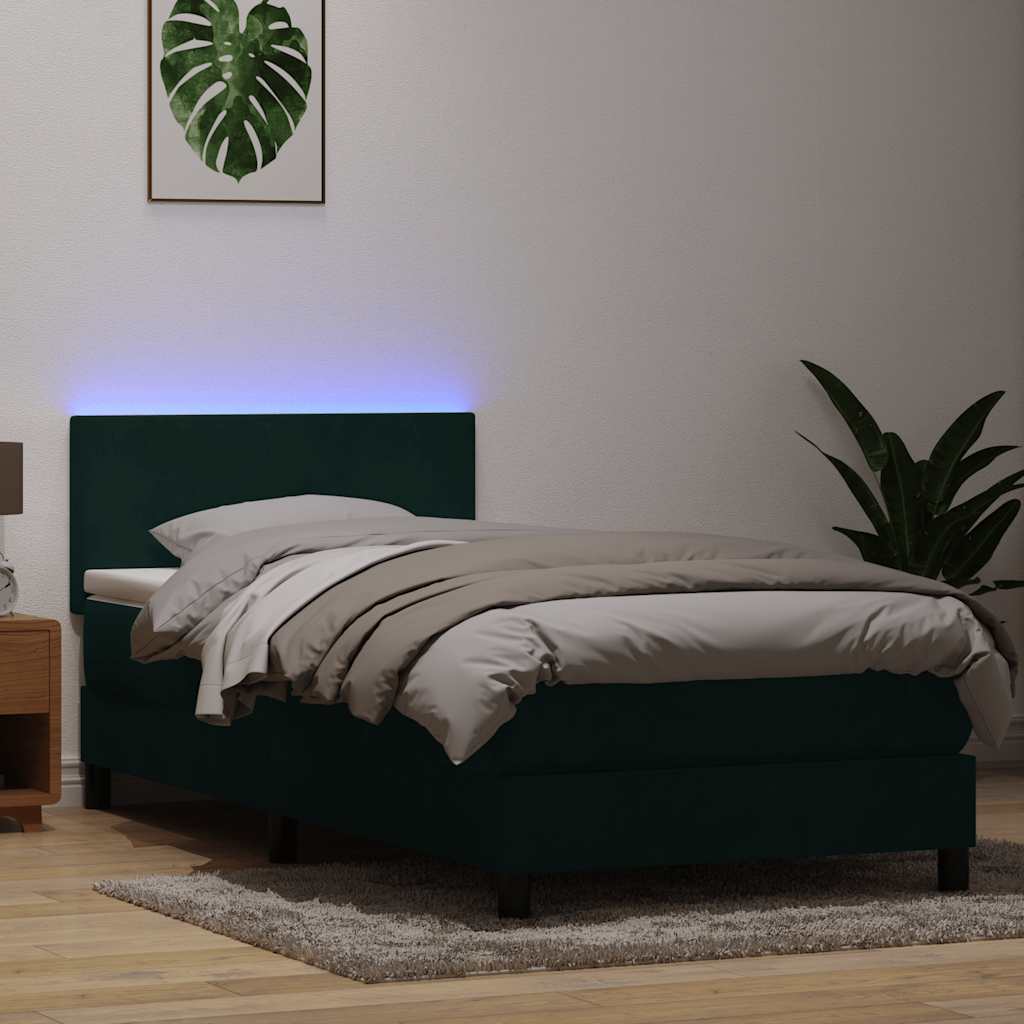 sötétzöld bársony rugós és LED-es ágy matraccal 80x220 cm