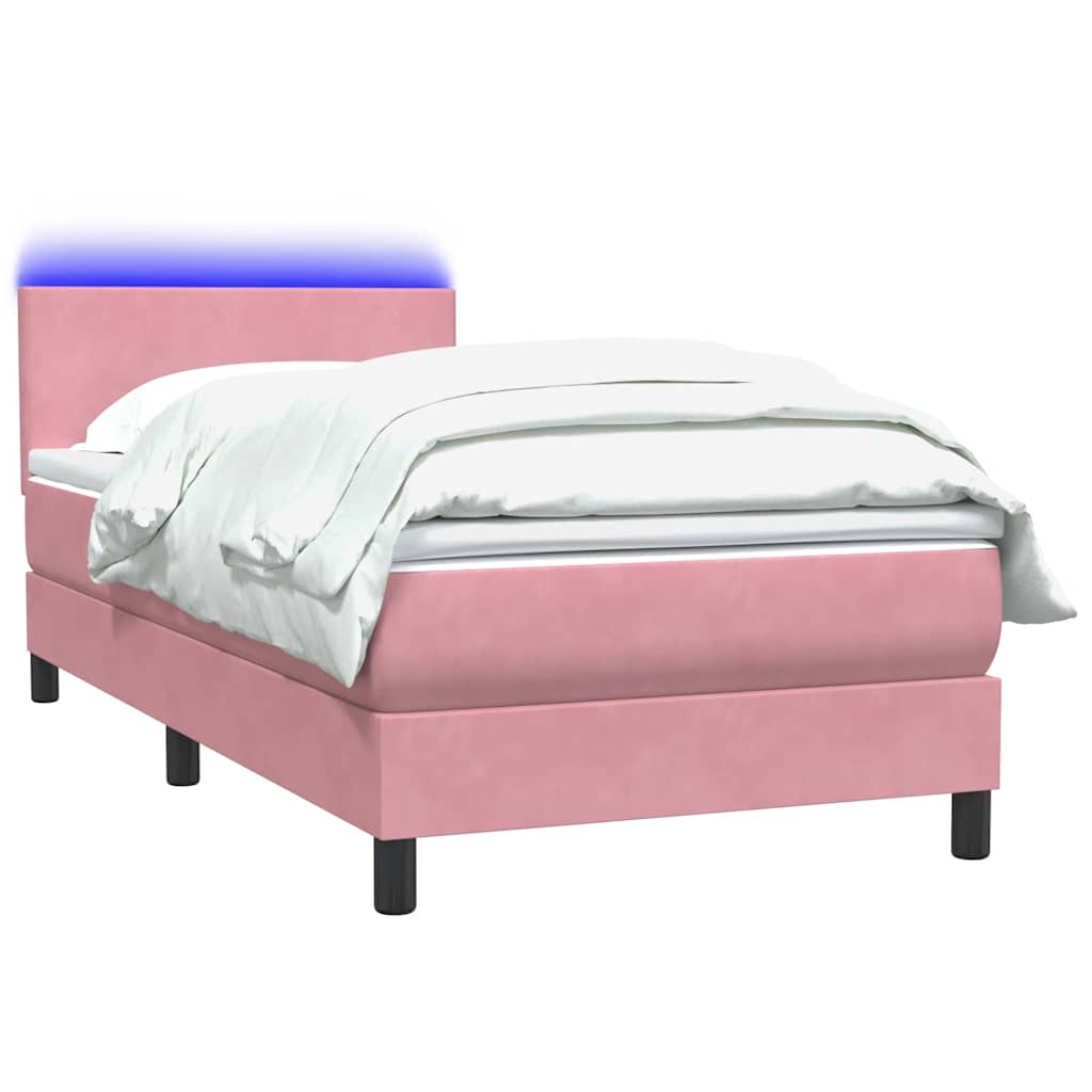 rózsaszín bársony rugós és LED-es ágy matraccal 90x220 cm