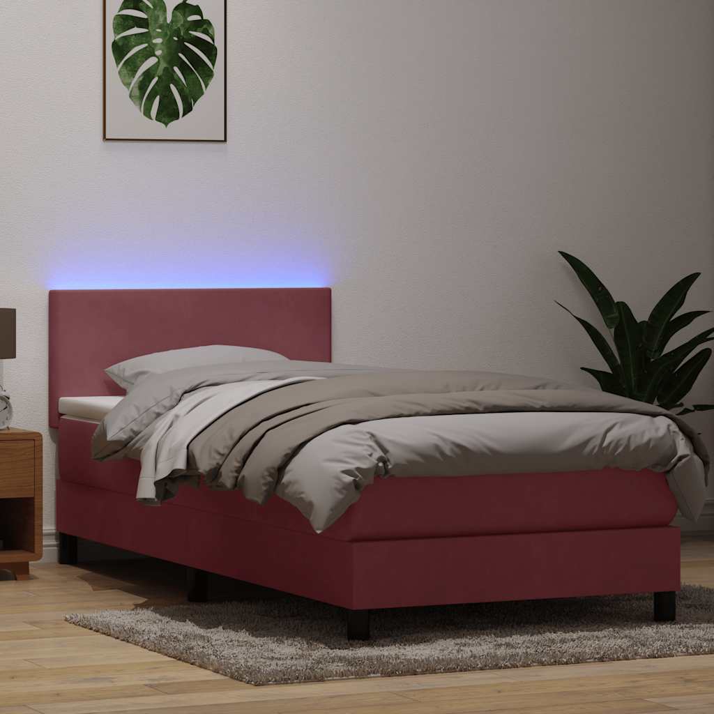 rózsaszín bársony rugós és LED-es ágy matraccal 90x220 cm