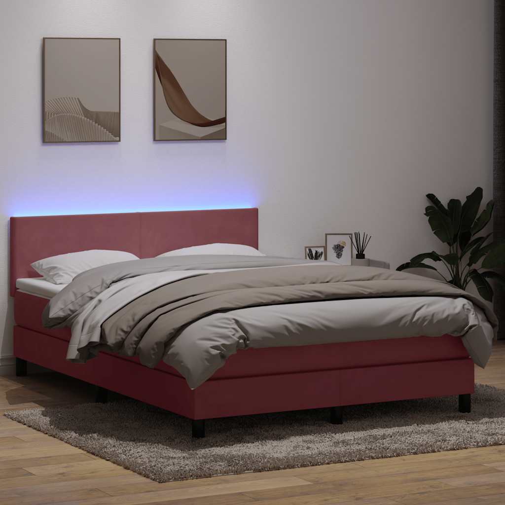 rózsaszín bársony rugós és LED-es ágy matraccal 140x220 cm