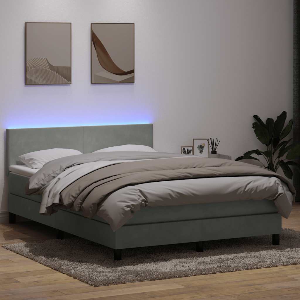 világosszürke bársony rugós és LED-es ágy matraccal 160x220 cm