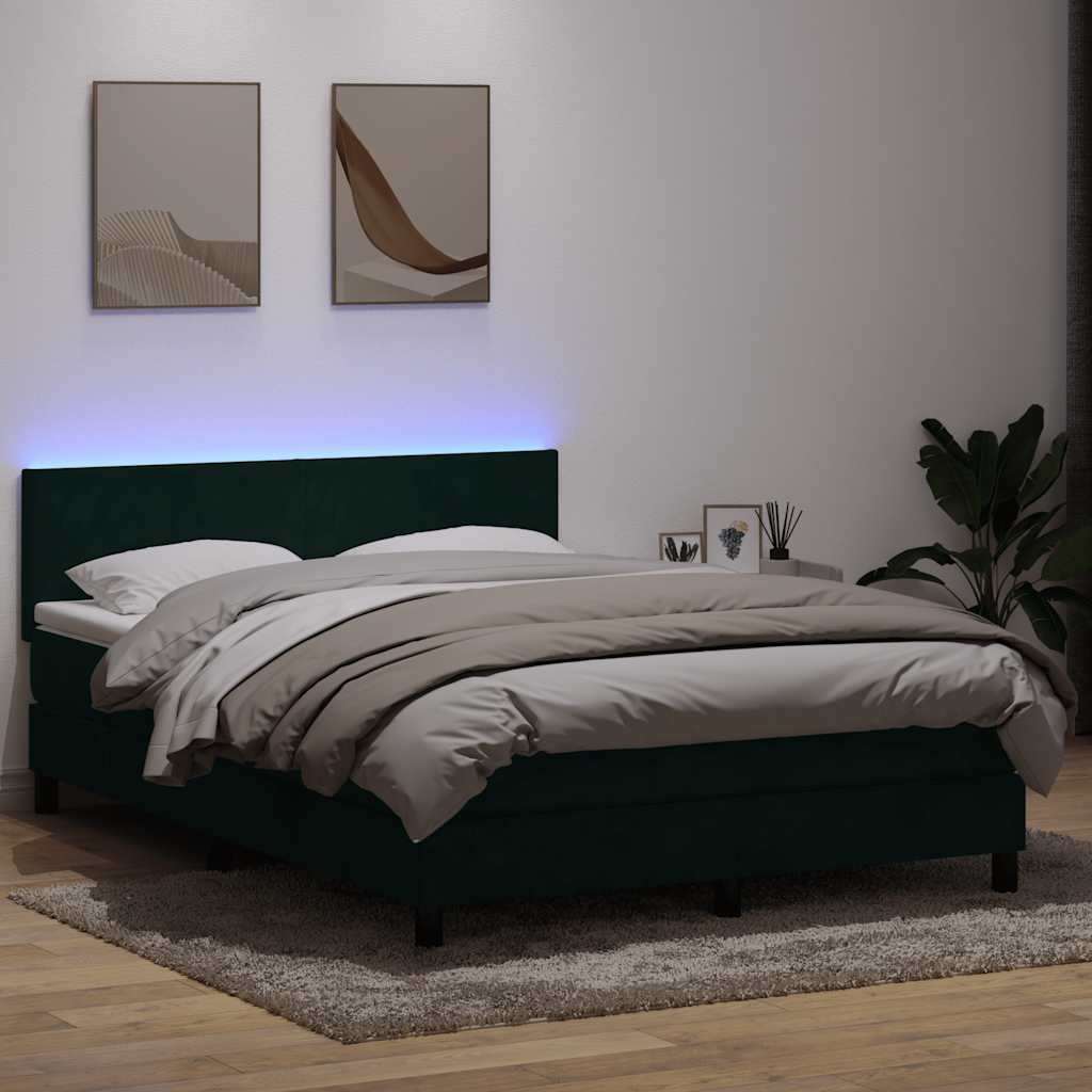 sötétzöld bársony rugós és LED-es ágy matraccal 160x220 cm