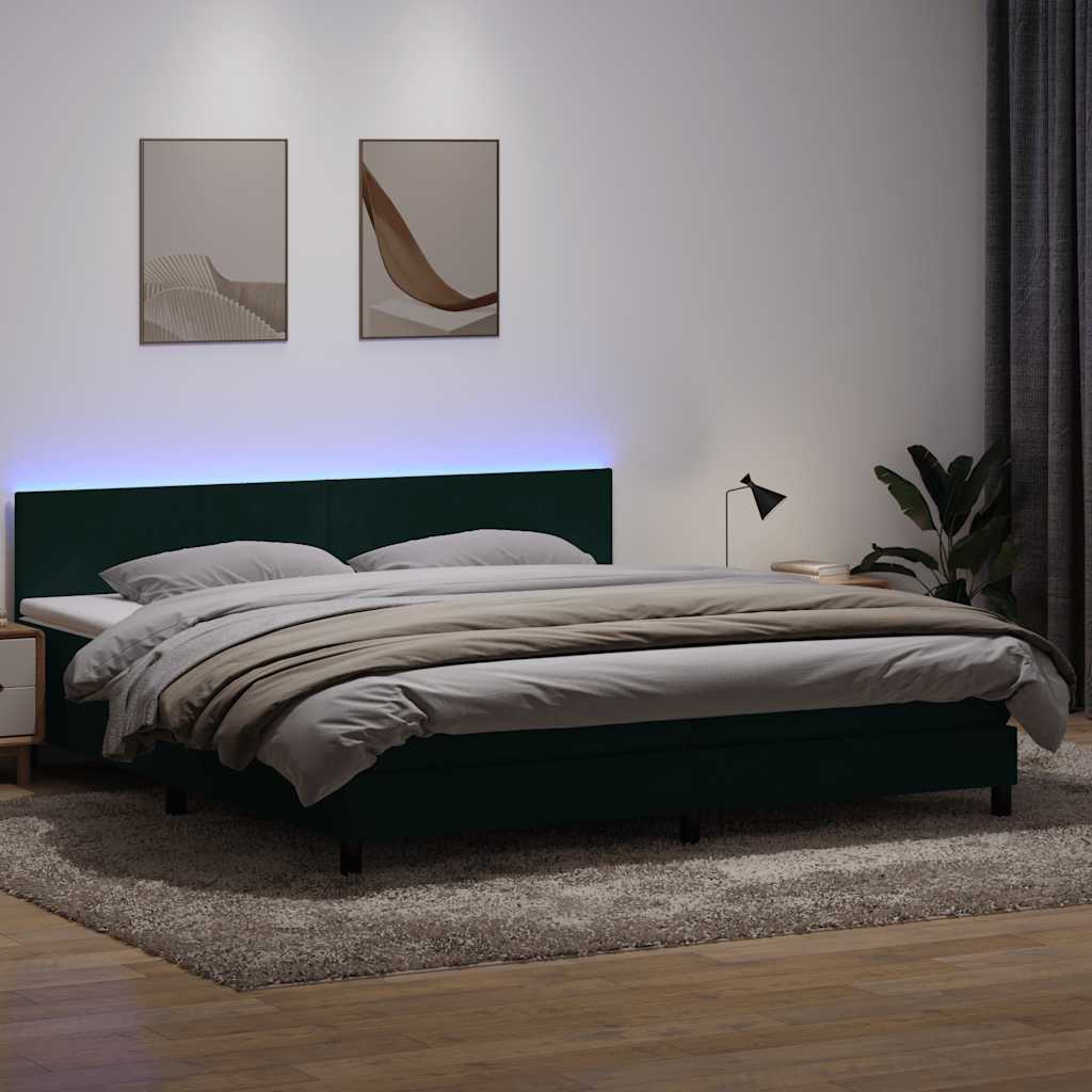 sötétzöld bársony rugós és LED-es ágy matraccal 180x220 cm