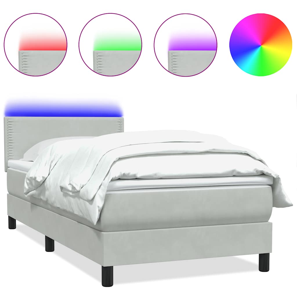 világosszürke bársony rugós és LED-es ágy matraccal 80x210 cm