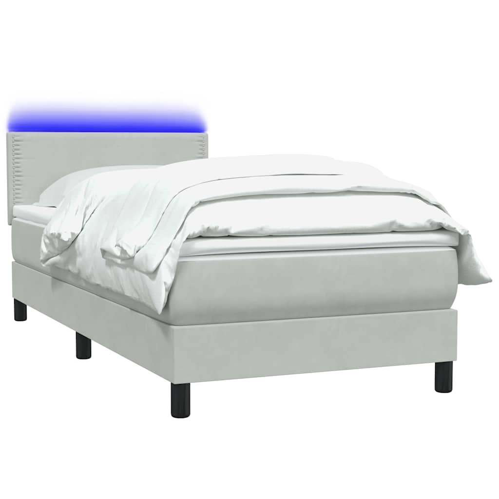 világosszürke bársony rugós és LED-es ágy matraccal 90x210 cm