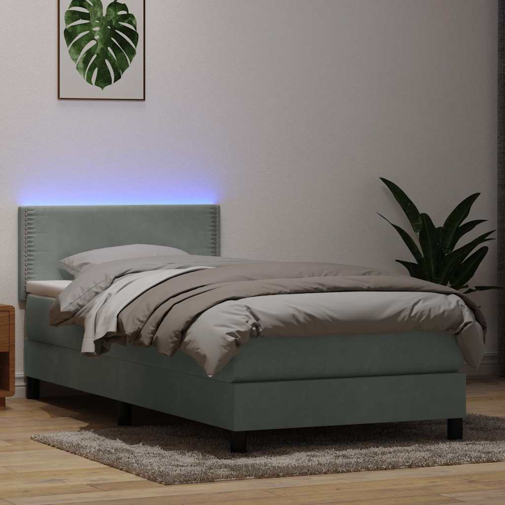 világosszürke bársony rugós és LED-es ágy matraccal 90x210 cm