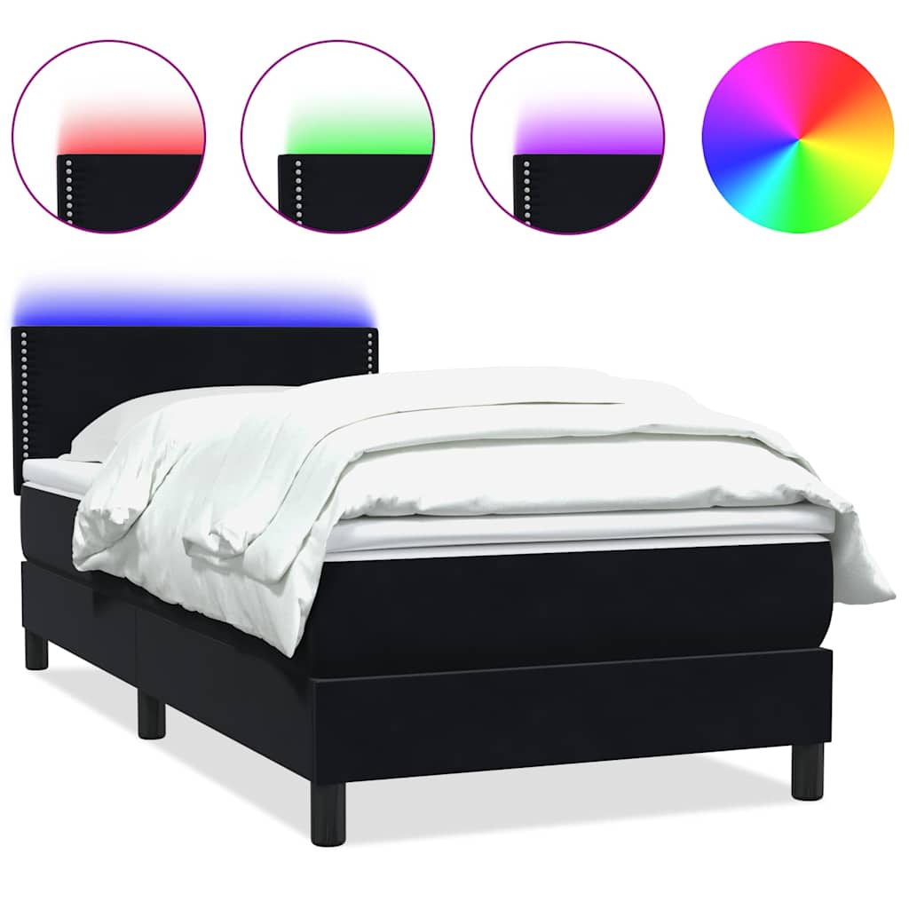 fekete bársony rugós és LED-es ágy matraccal 90x210 cm